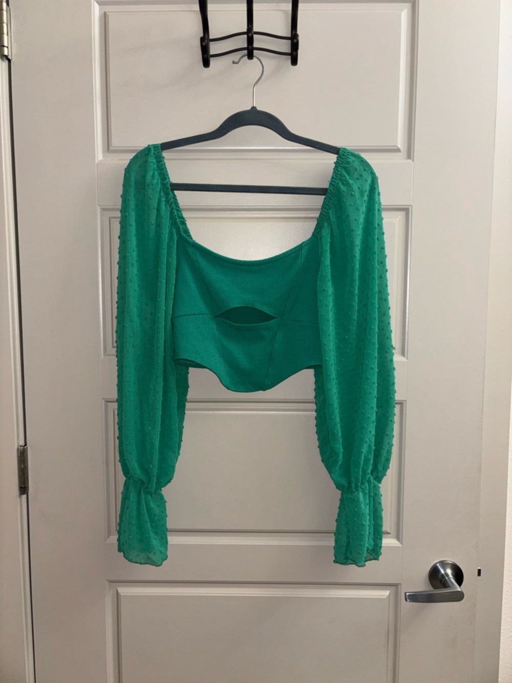 Urban Outfitters Emerald Green Puff-Sleeve Cropped Top with Front Cutout